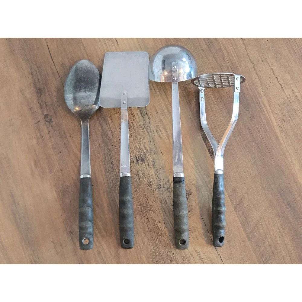Vintage Stainless Steel Kitchen Utensil Set 4pc Spatula Ladle Spoon Masher Black
